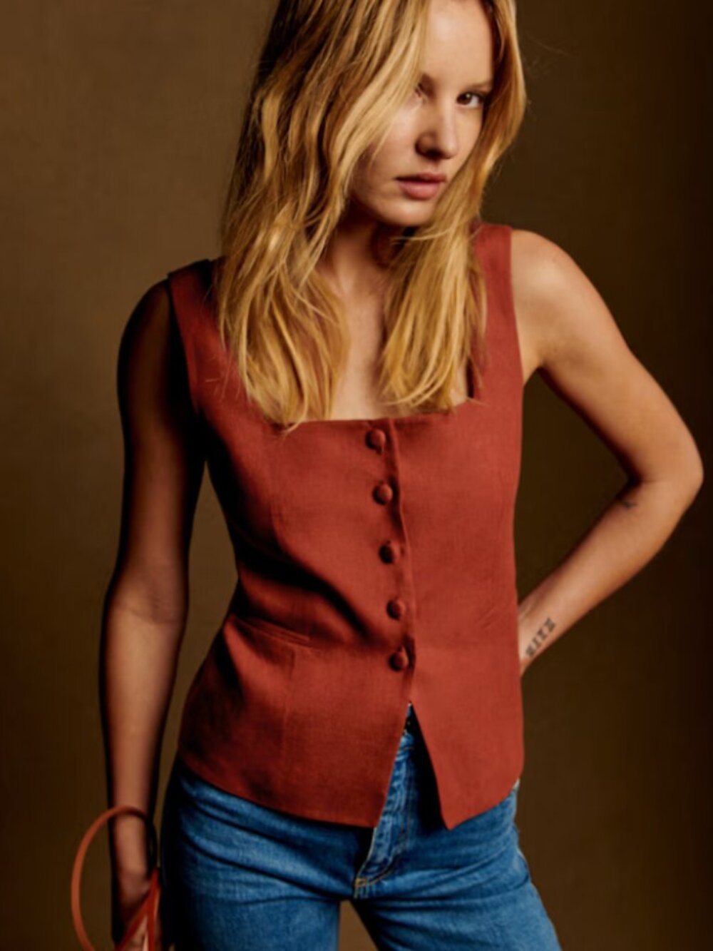 Sézane Zelinda Blouse Chestnut (Rust) Linen Structured Vest, Size: FR 38/ US 6